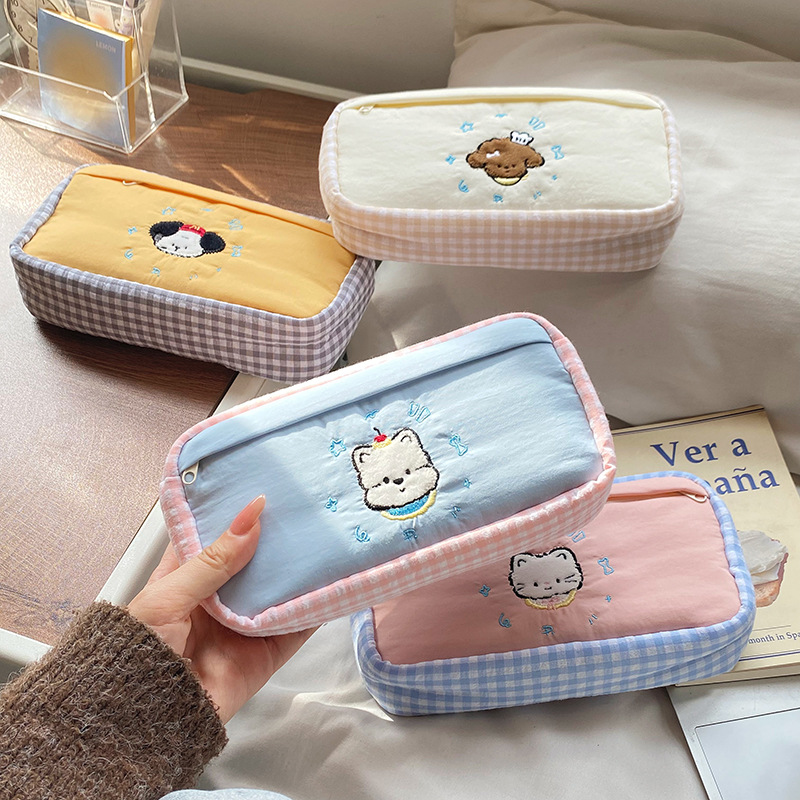 Aesthetic Large Pencil Case Pouch - Cute Animal Embroidery Gingham Pencil Bag,