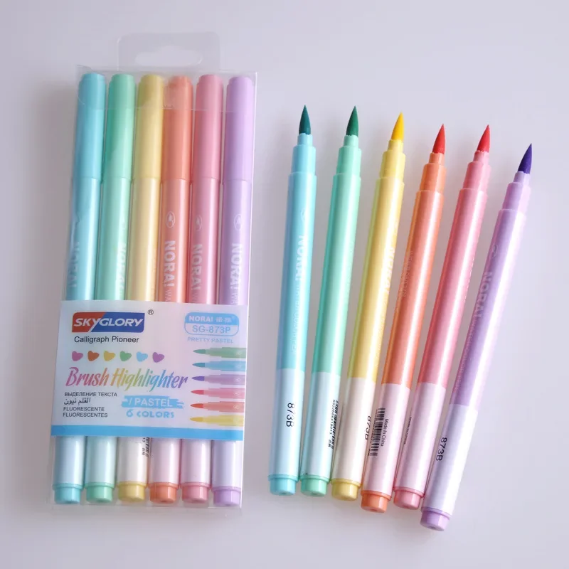 6Pcs/set Brush Highlighter Pen - Pastel Highlighter Set Double Ended ulasan dan harga