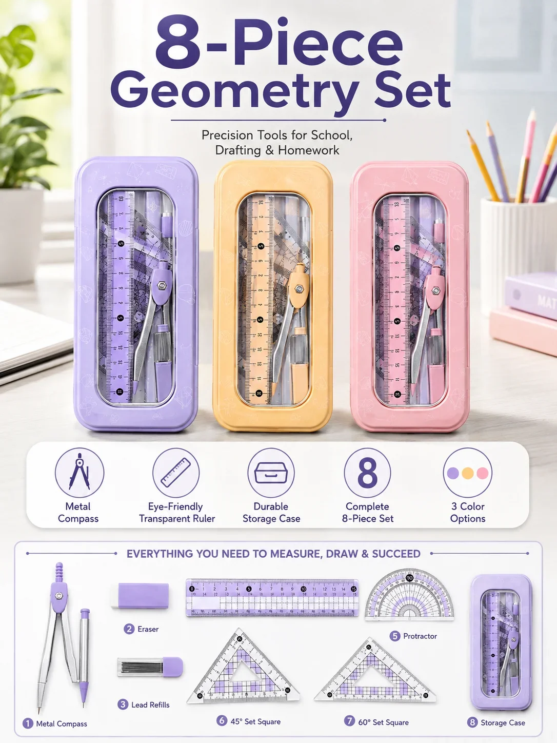 8-Piece Math Geometry Set for  - Math Geometry Set With Compass ulasan dan harga