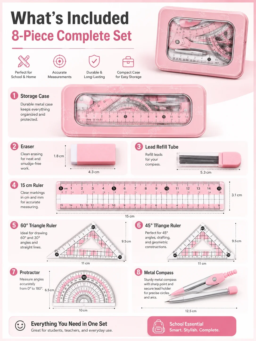 8-Piece Math Geometry Set for  - Math Geometry Set With Compass ulasan dan harga