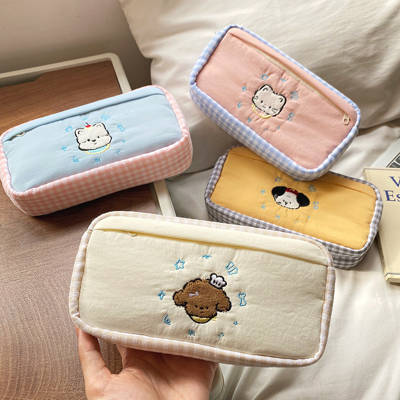 Cute Animal Embroidery Gingham - Aesthetic Large Pencil Case Pouch ulasan dan harga