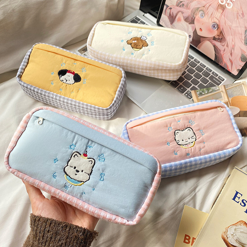 Cute Animal Embroidery Gingham - Aesthetic Large Pencil Case Pouch ulasan dan harga