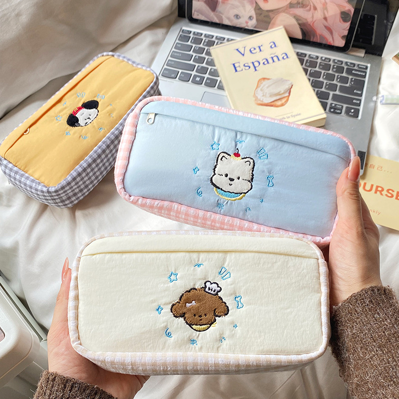 Cute Animal Embroidery Gingham - Aesthetic Large Pencil Case Pouch ulasan dan harga